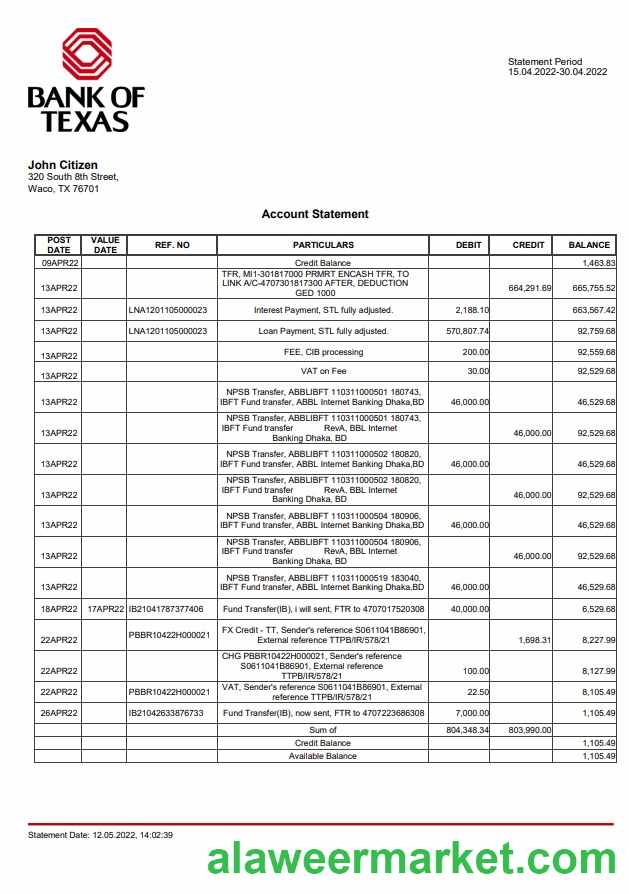 USA Bank of Texas account statement